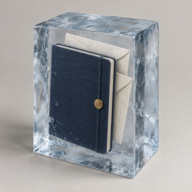 Notizbuch und Umschläge, eingeschlossen in einem Block klarem Eis